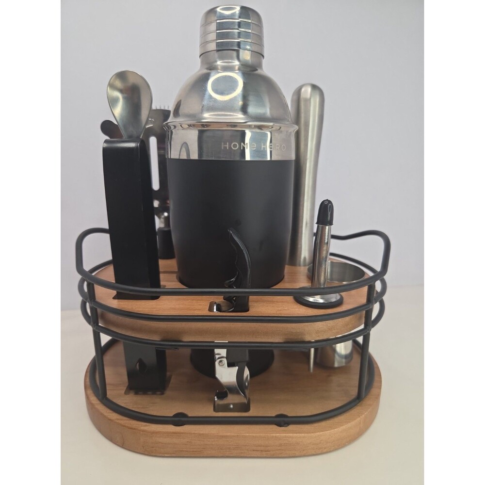 Home Hero Bartender Kit 10-Piece Cocktail Shaker Liquor Cabinet Set Wood Stand